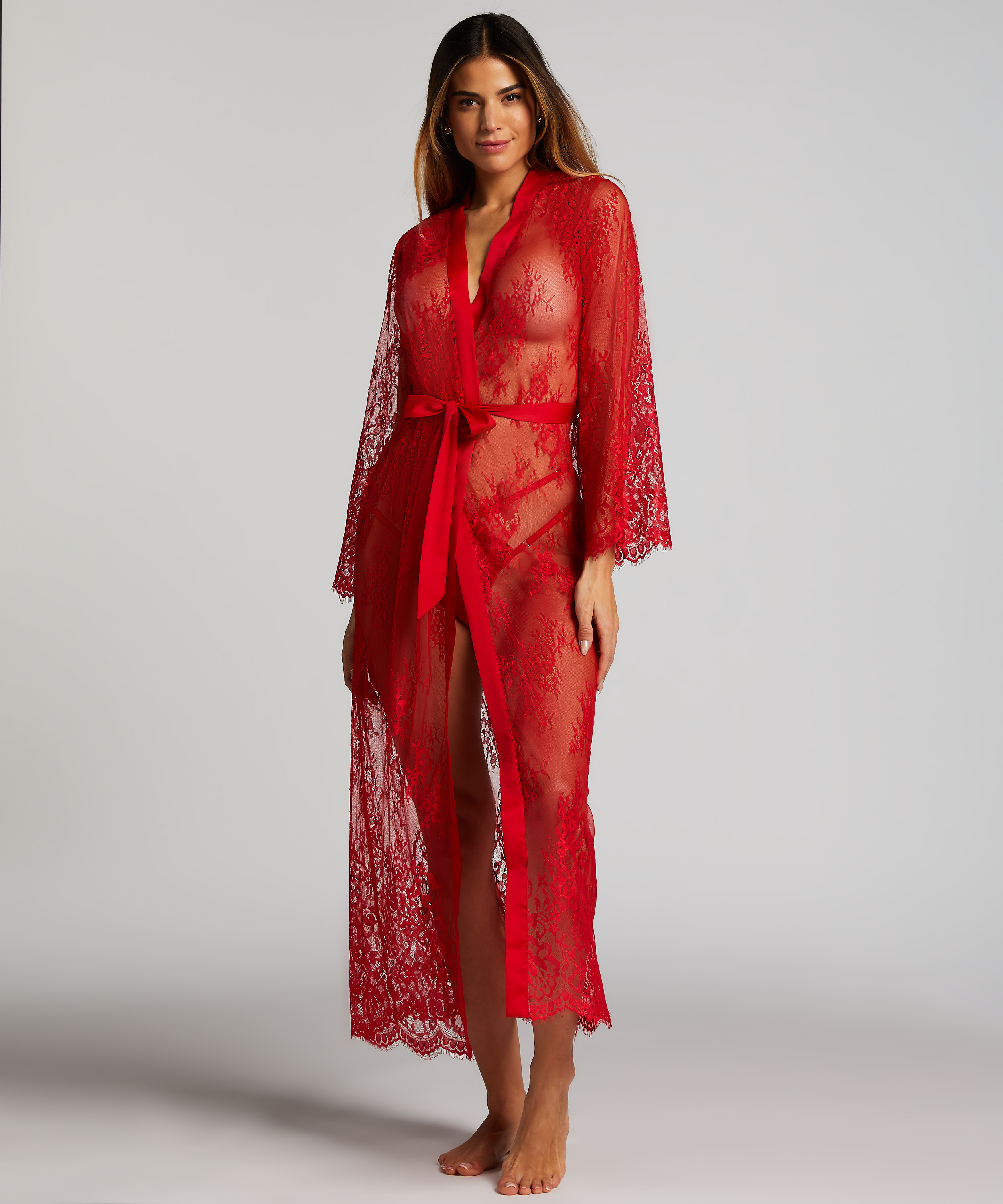 Long Allover Lace Kimono, Red, main