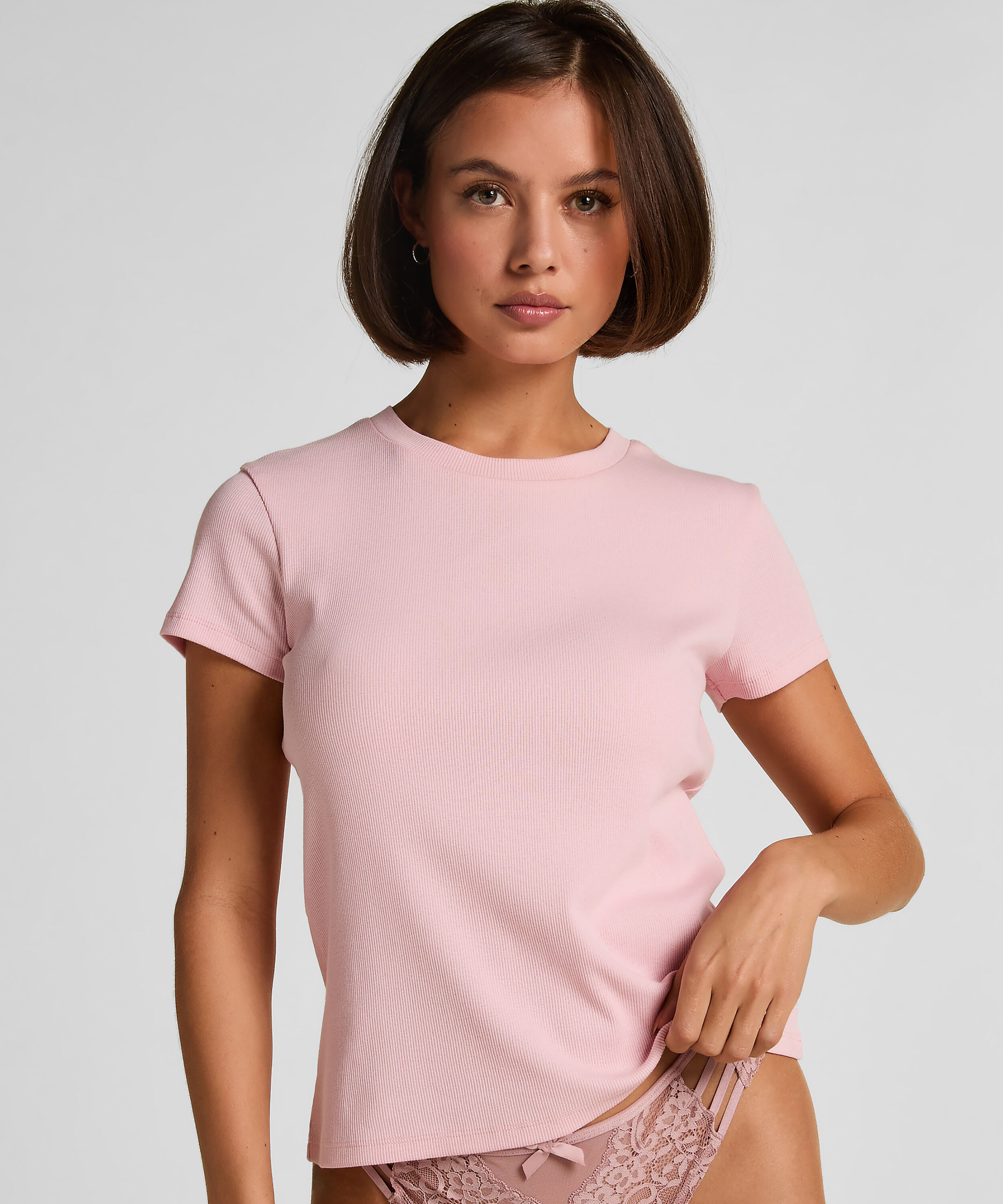 Ribbed Crew Neck Short-Sleeved Pyjama Top, Pink Ribbed Crew Neck Short-Sleeved Pyjama Top, Pink