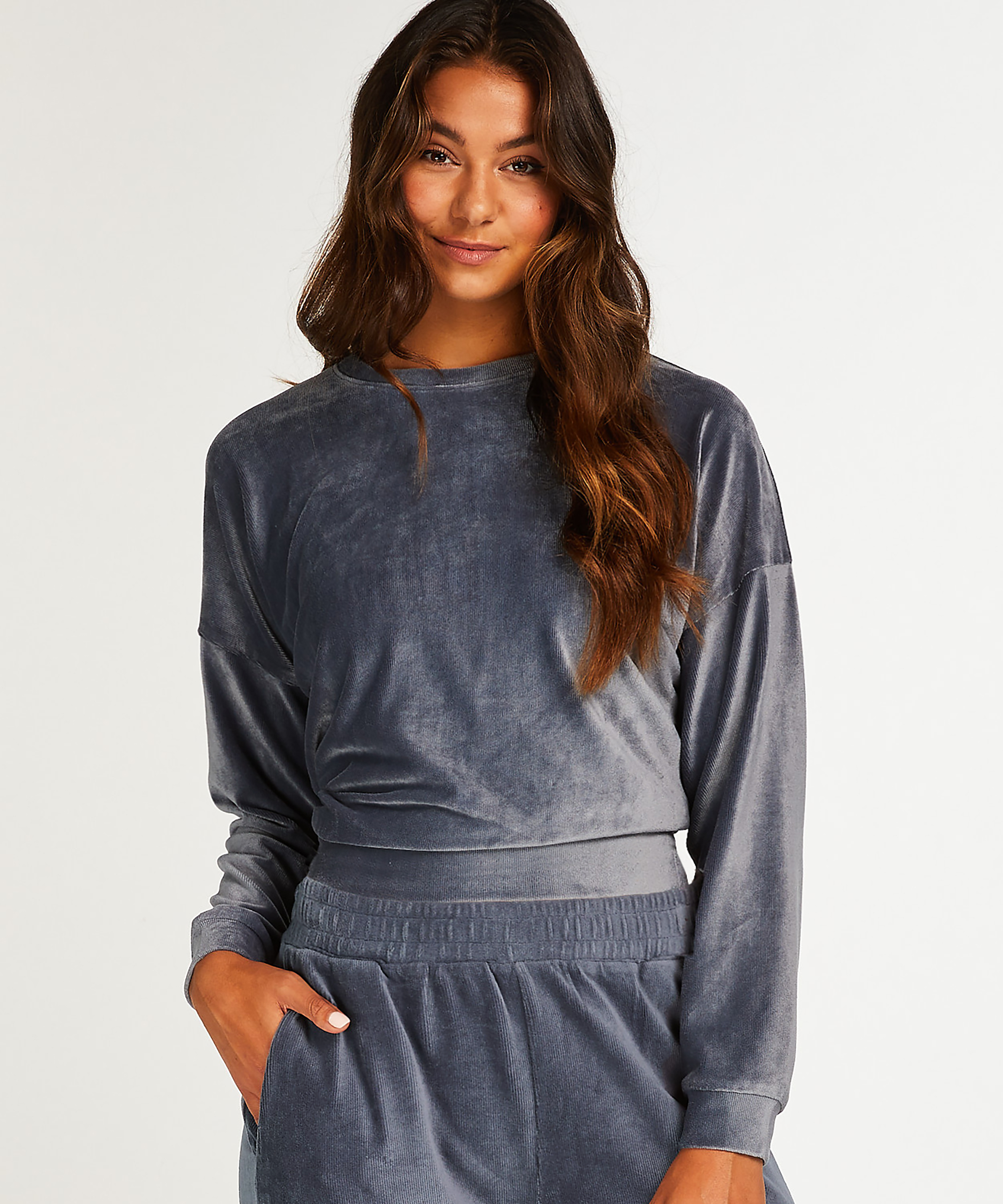 Velour rib top with long sleeves, Blue, main