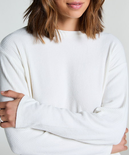 Long-sleeved Knitted Ribbed Pyjama Top, White