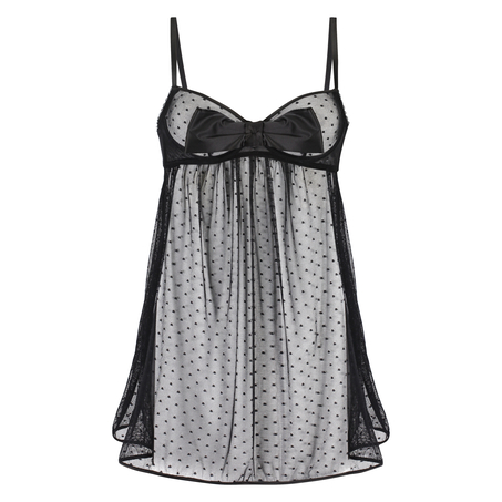 Bow Dotted Mesh Underwired Slip Dress, Black