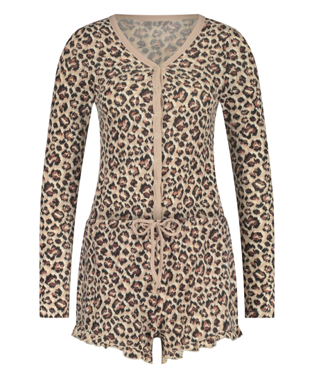 Leopard Brushed Short Onesie, Beige