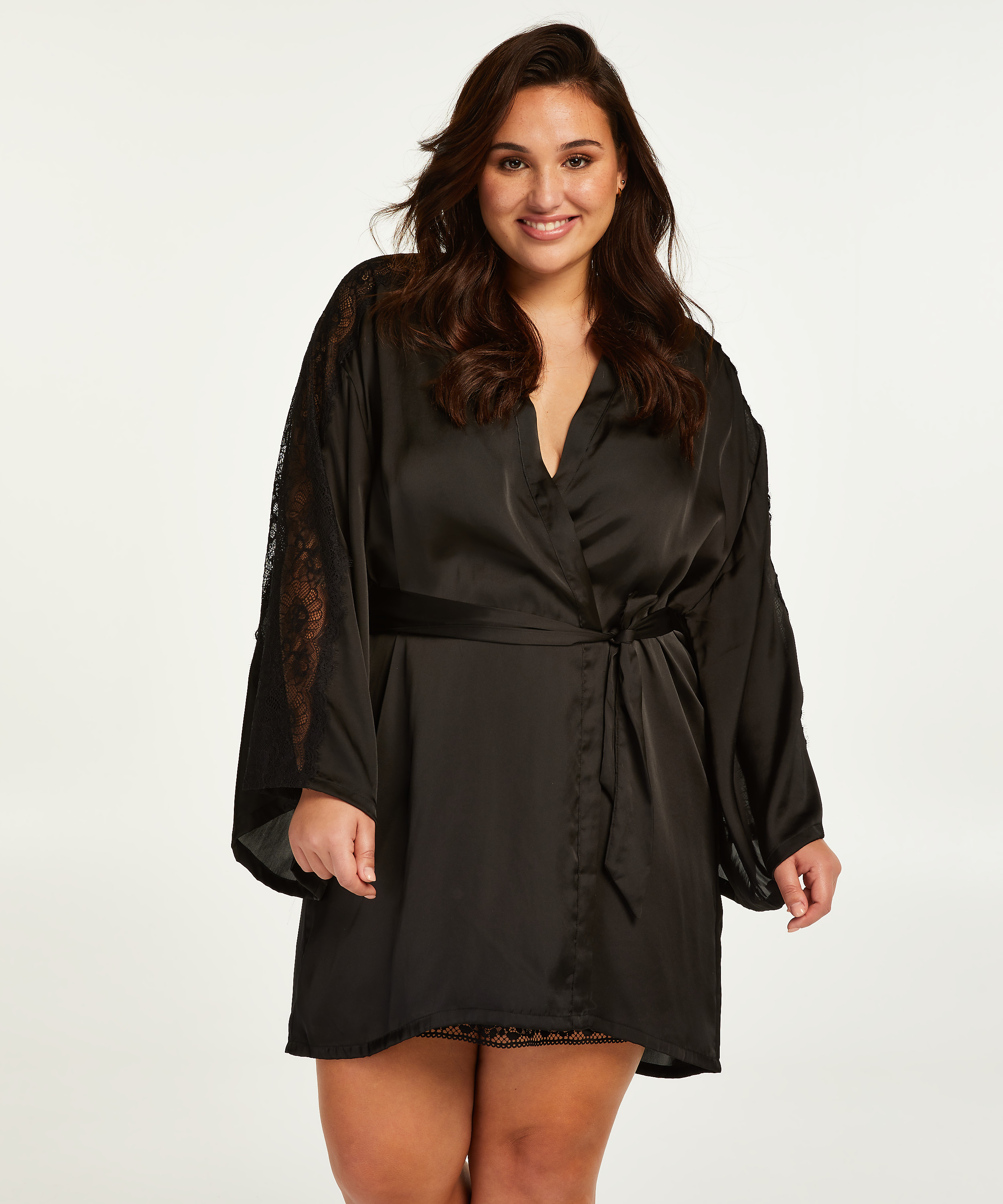 Satin Lace Kimono, Black, main