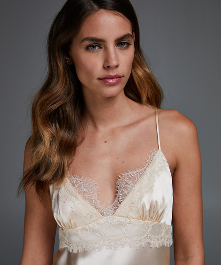 Silk Lace Slip Dress, Beige