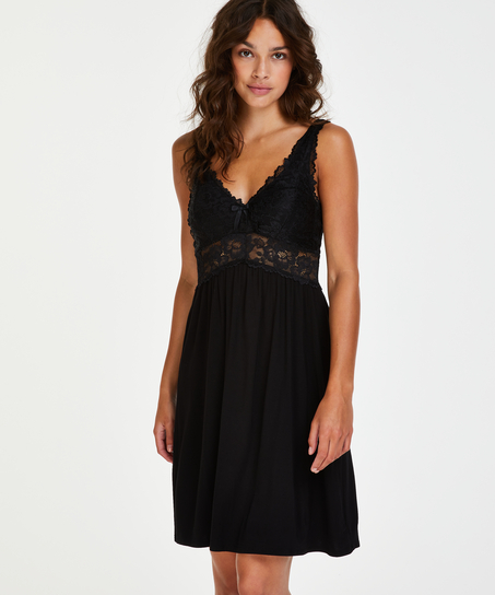 Modal Lace Slip Dress, Black