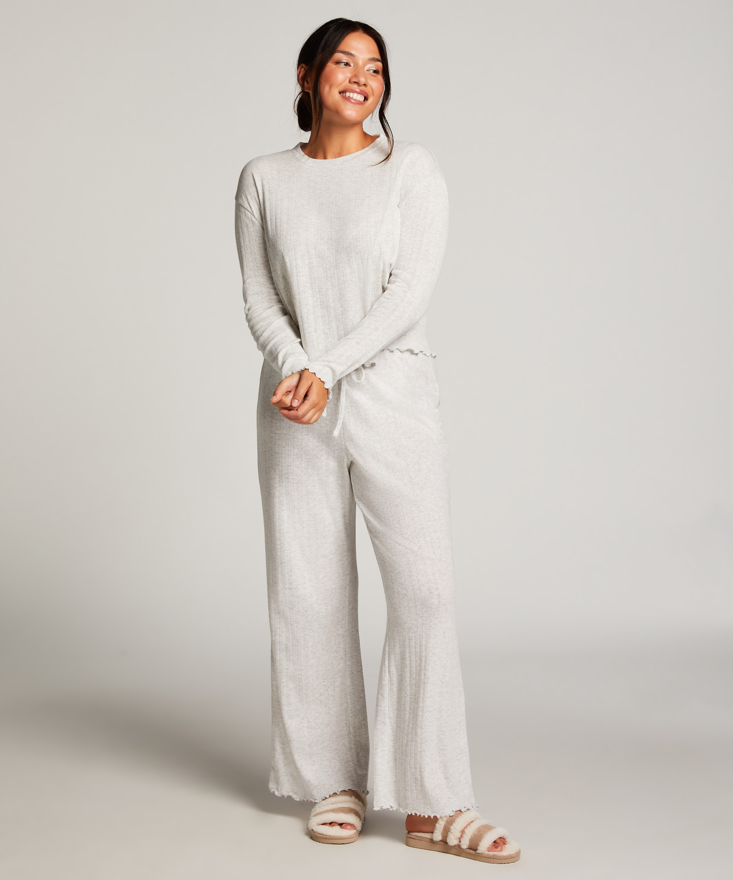 Pointelle Long-Sleeved Pyjama Top, Beige, main