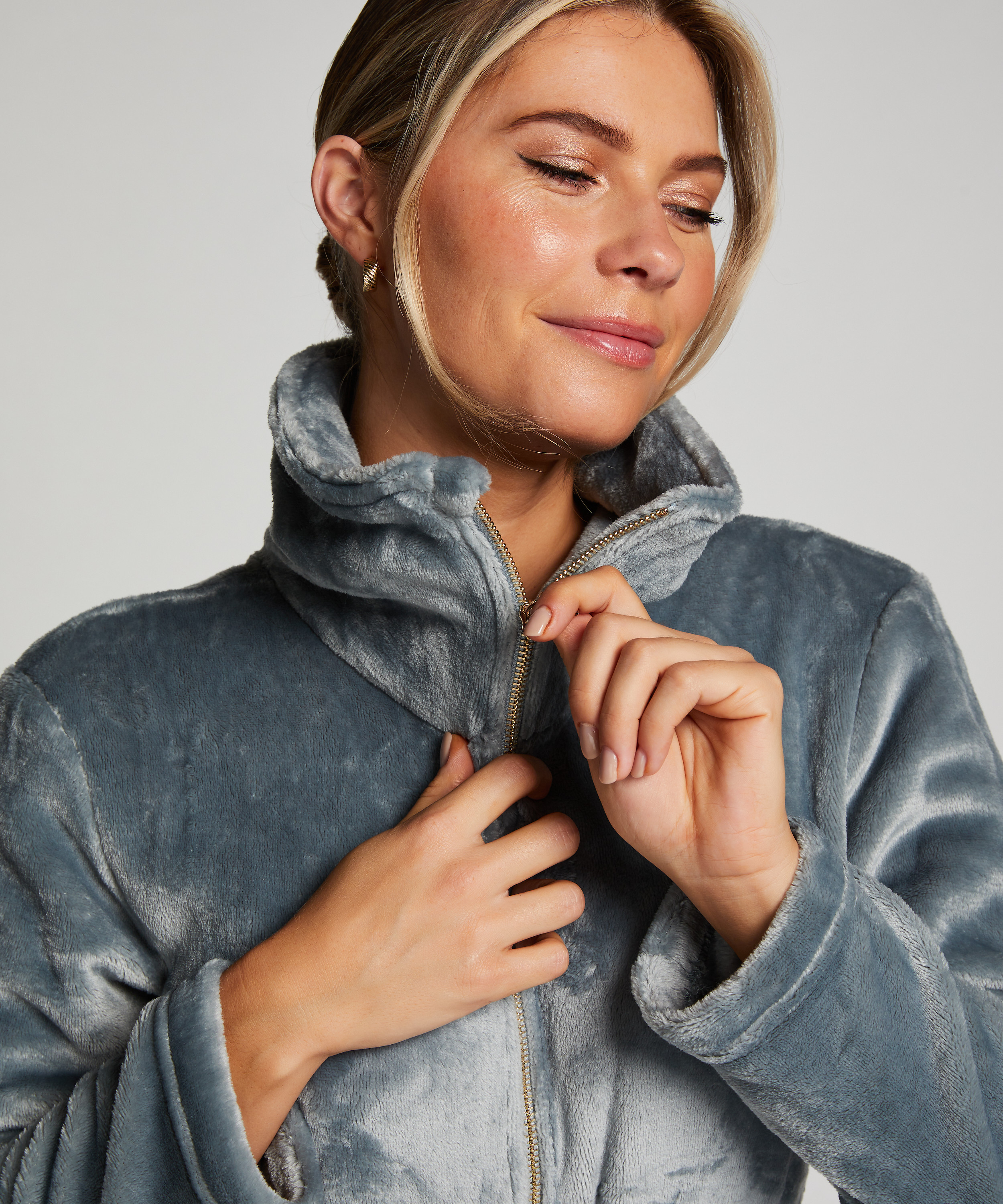 Zip Fleece Bathrobe, Blue, main