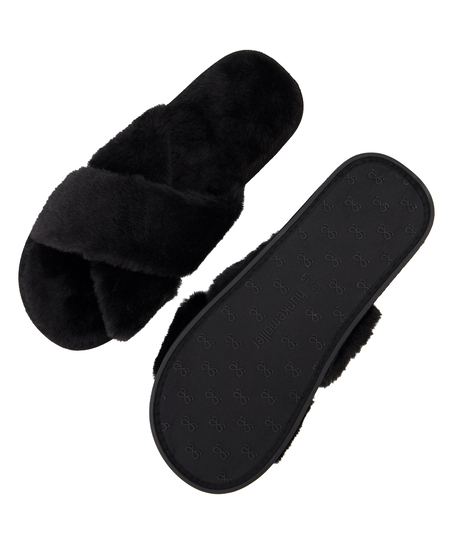 Crossed Fake Fur Slippers, Black