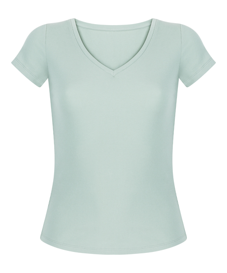 Ribbed Jersey Short-Sleeved Pyjama Top, Green