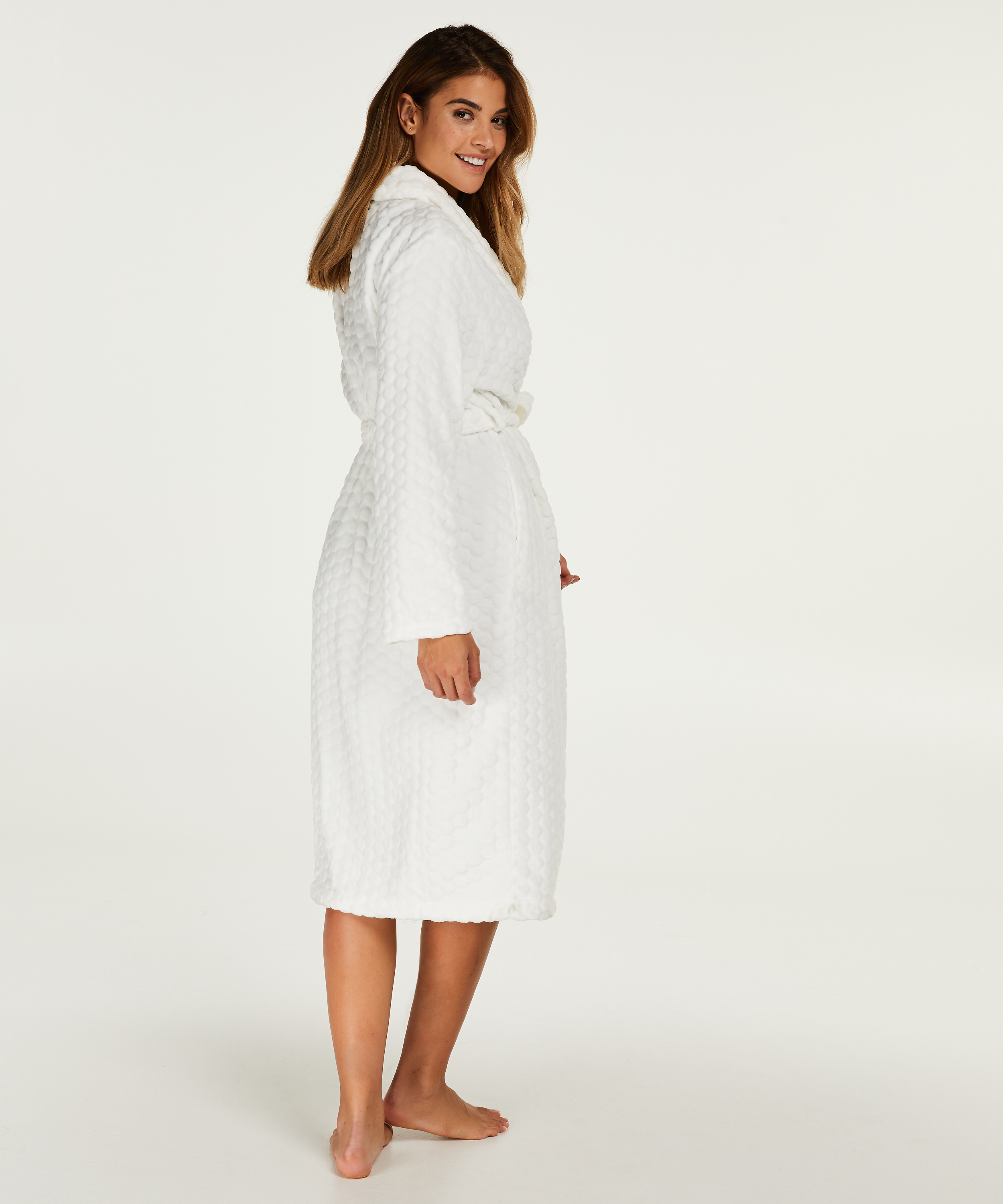 Long Fleece Bathrobe, White, main