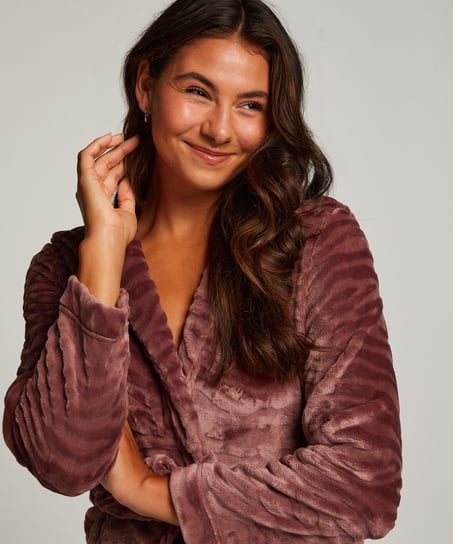 Short Fleece Ribbed Bathrobe, Purple