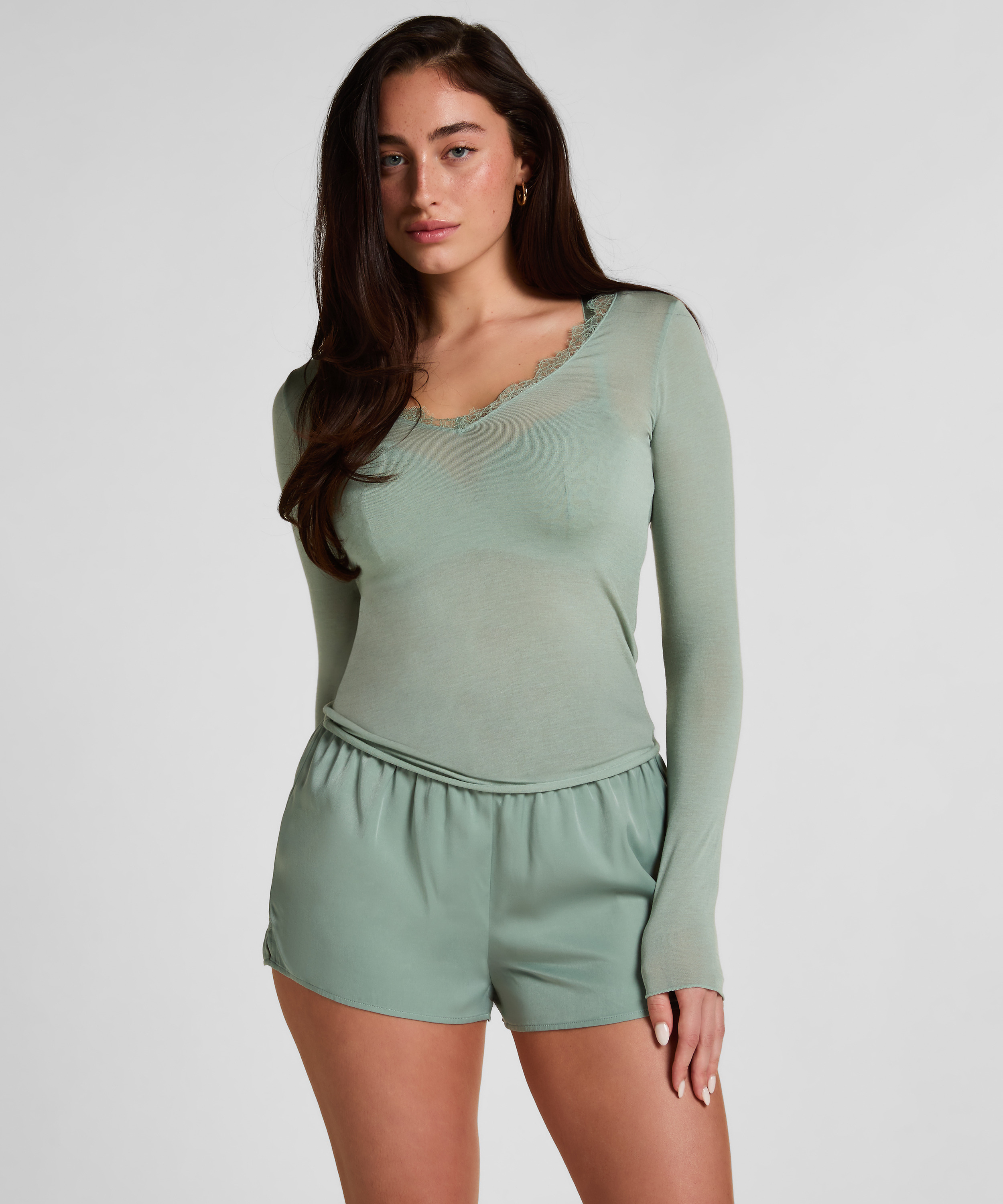 super soft Lace V-Neck shirt with Cashmere, Green, main