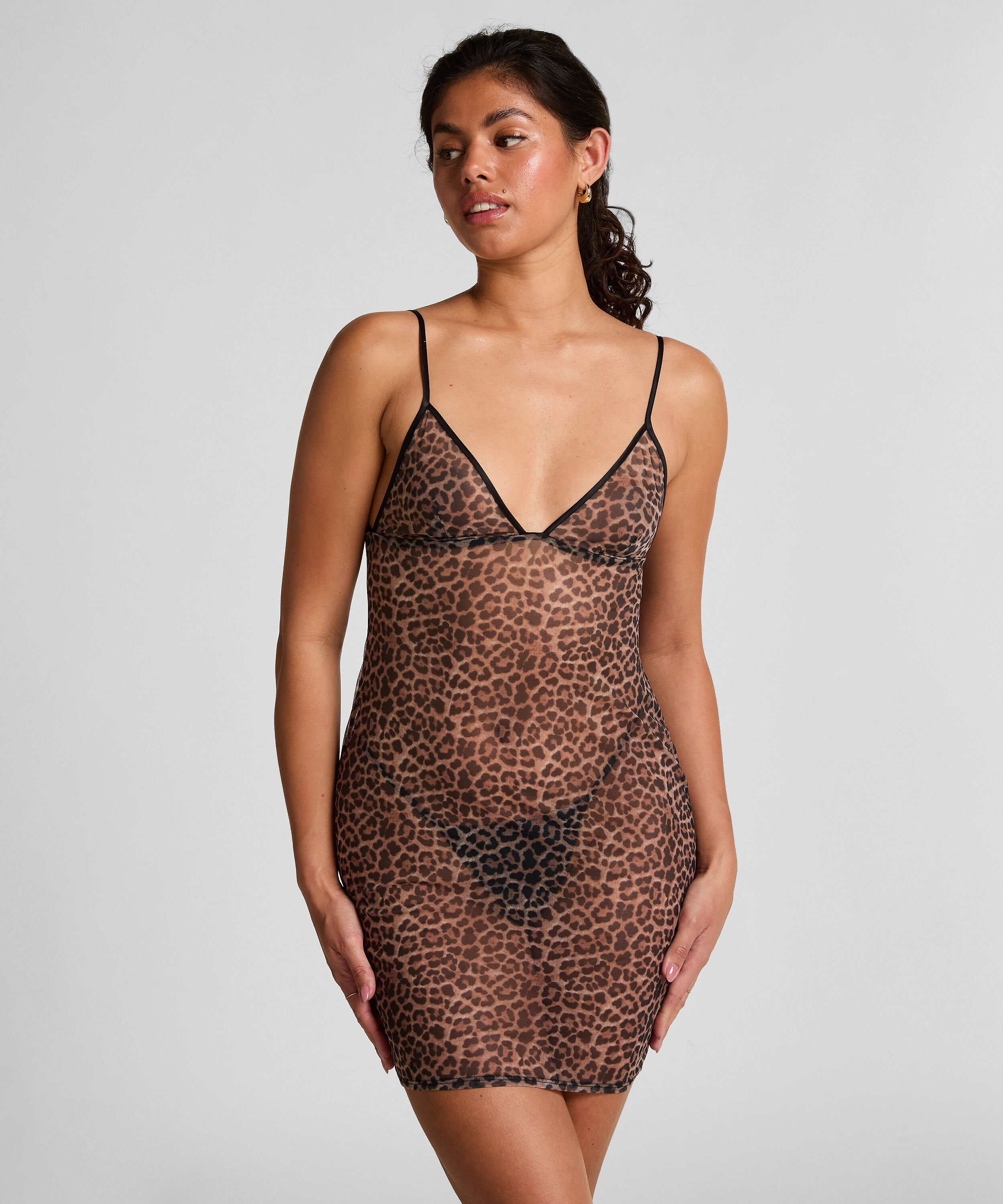 Leopard Mesh Slip Dress, Black Leopard Mesh Slip Dress, Black