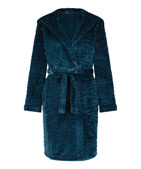 Short Fleece Ribbed Bathrobe, Blue