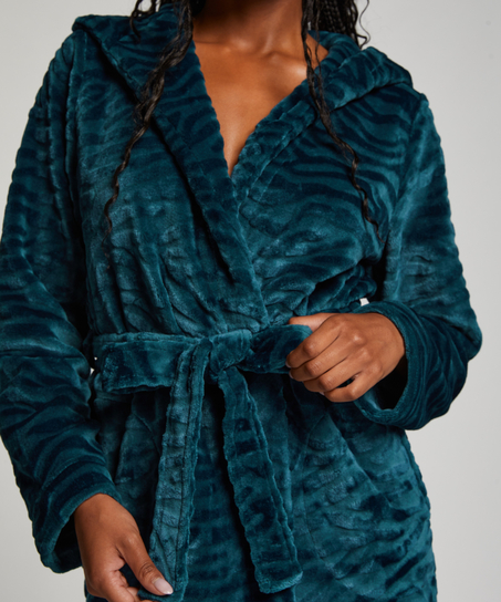 Short Fleece Ribbed Bathrobe, Blue