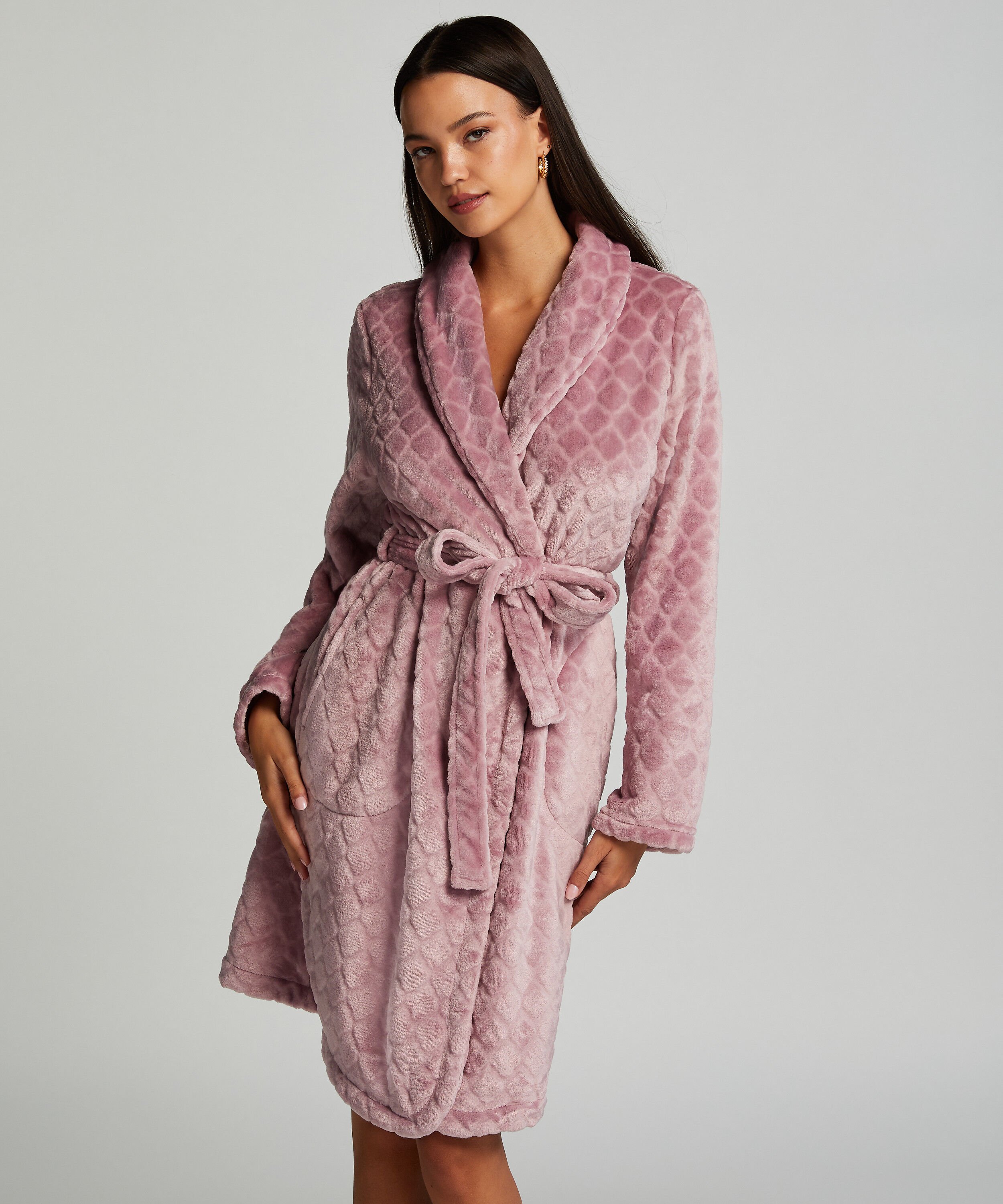 Short Fleece Ribbed Bathrobe, Purple