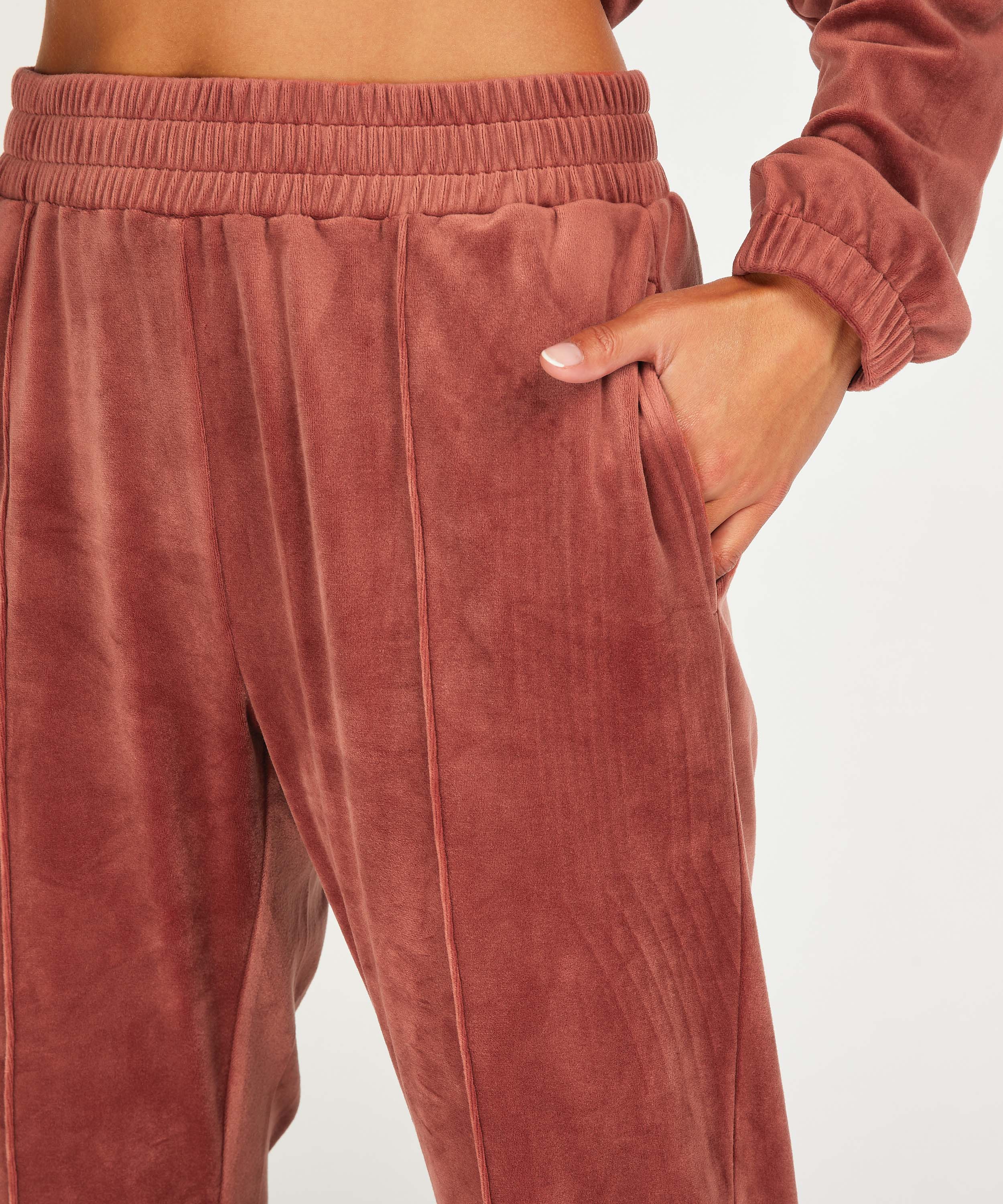 Velour Jogging Pants Pin-tucked, Brown, main