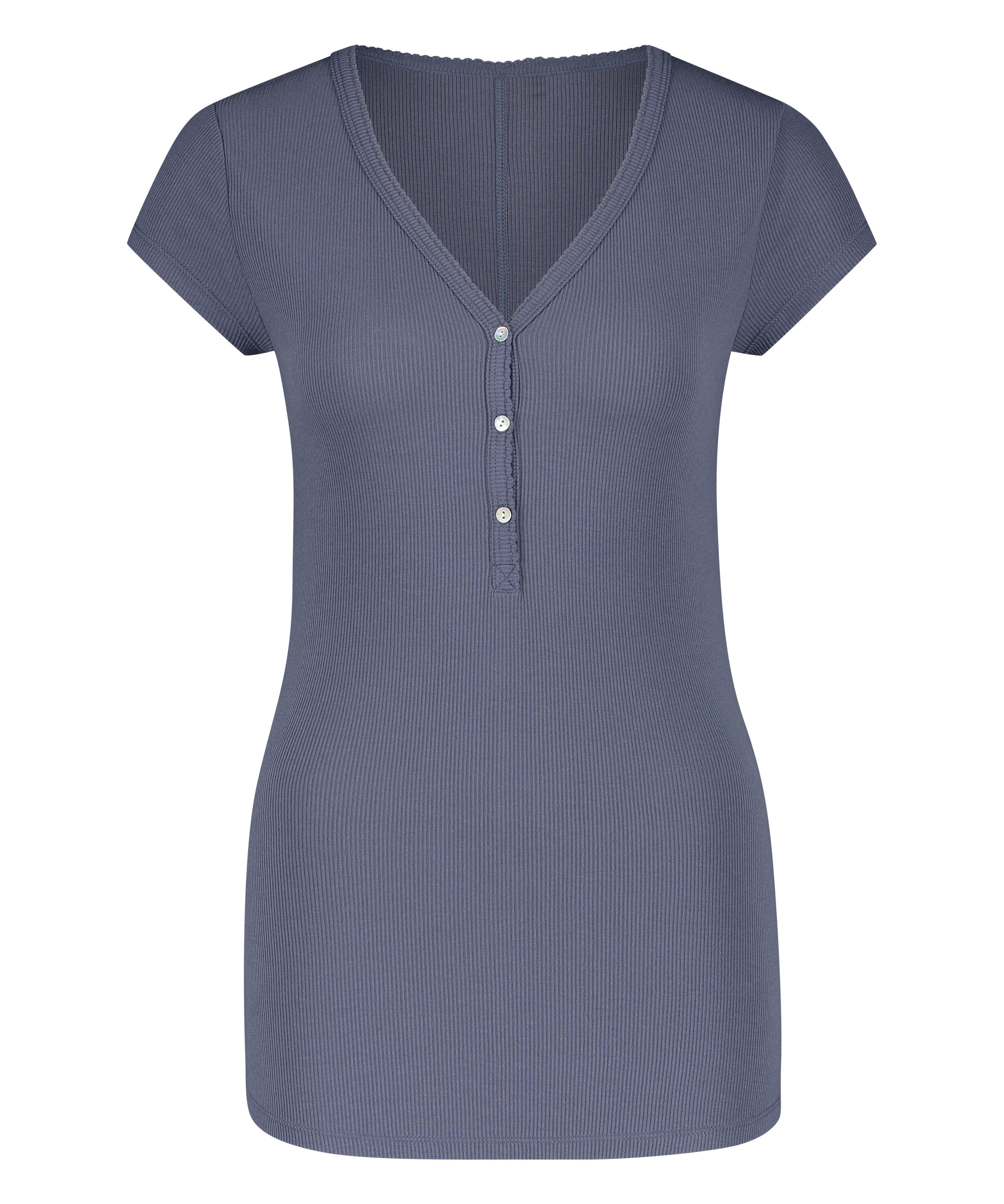 Short sleeve rib placket pyjama top., Grey