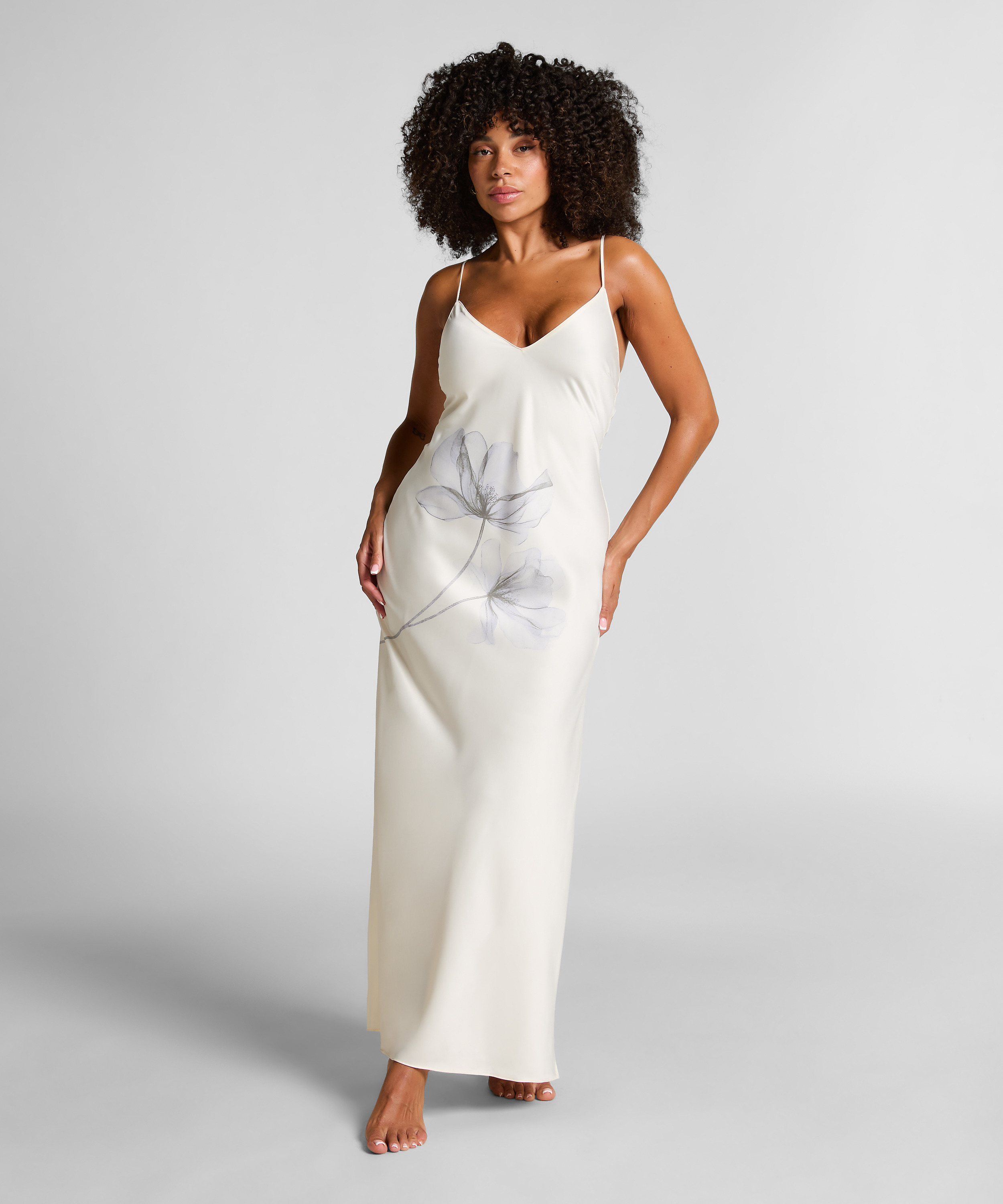 Slipdress Long Satin Floral, White, main