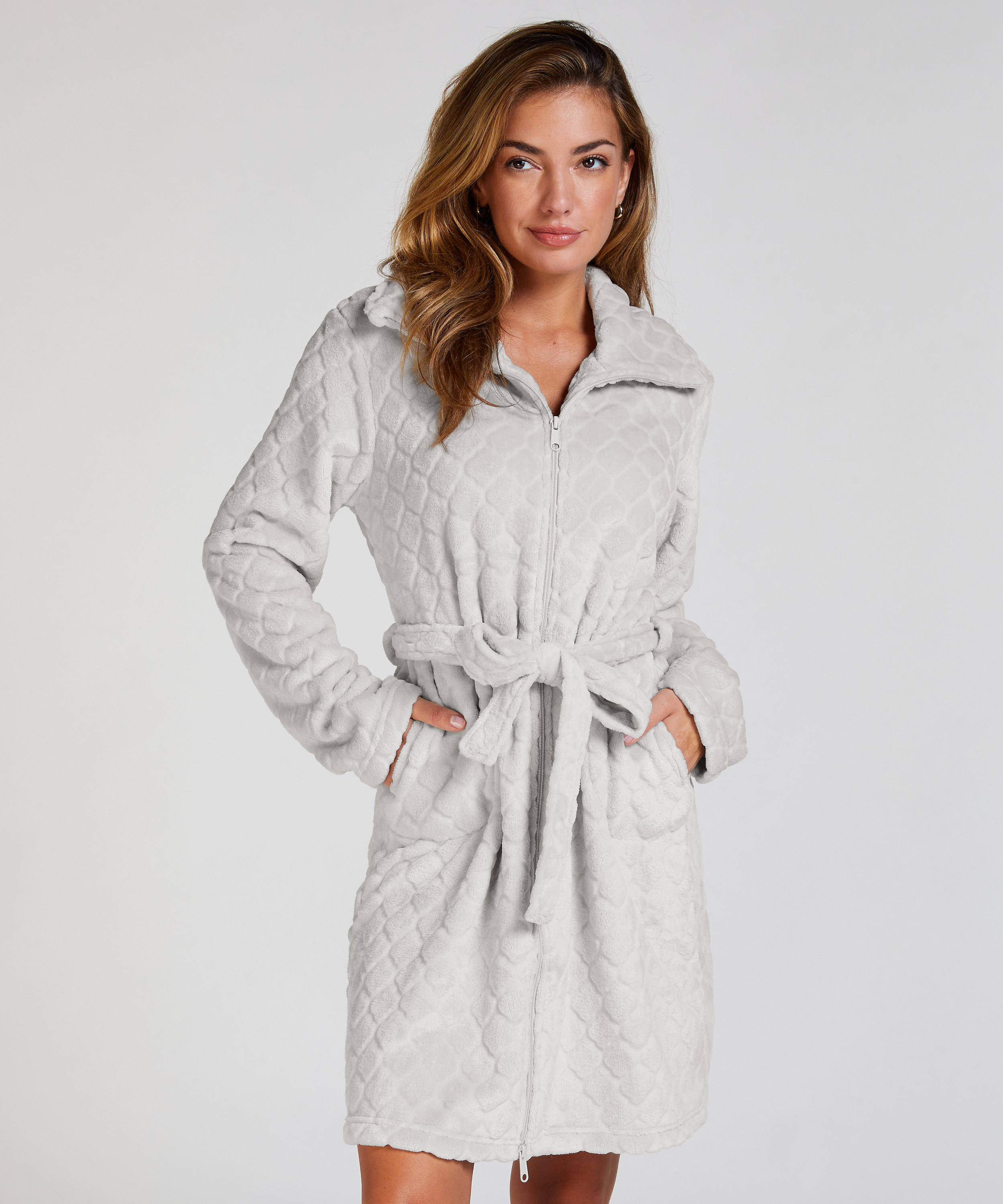 Zip Fleece Bathrobe, Grey, main