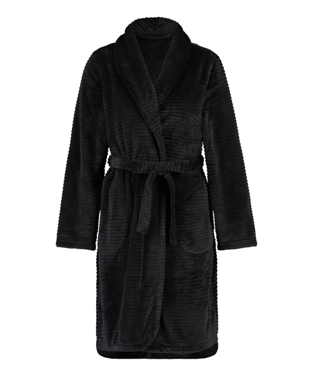 Short Fleece Ribbed Bathrobe, Black