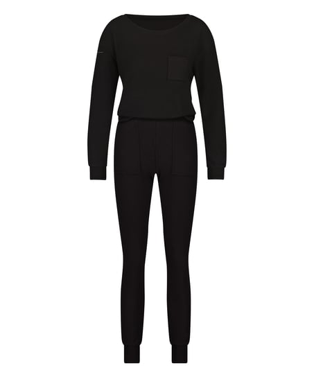 Waffle Placket Pyjama, Black