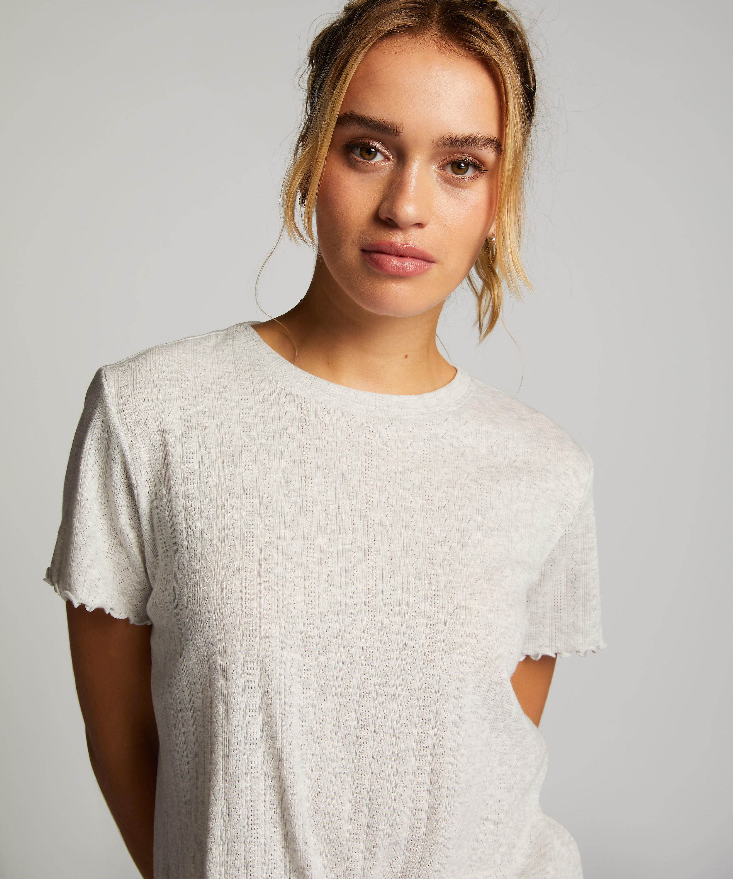Loose-Fitting Short-Sleeved Pyjama Top, Beige, main