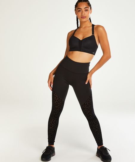 HKMX High Waisted Leopard Flock Sports Leggings, Black