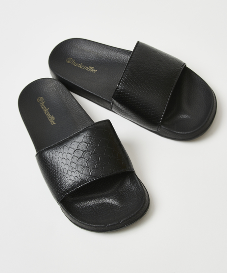 Snake print slippers, Black