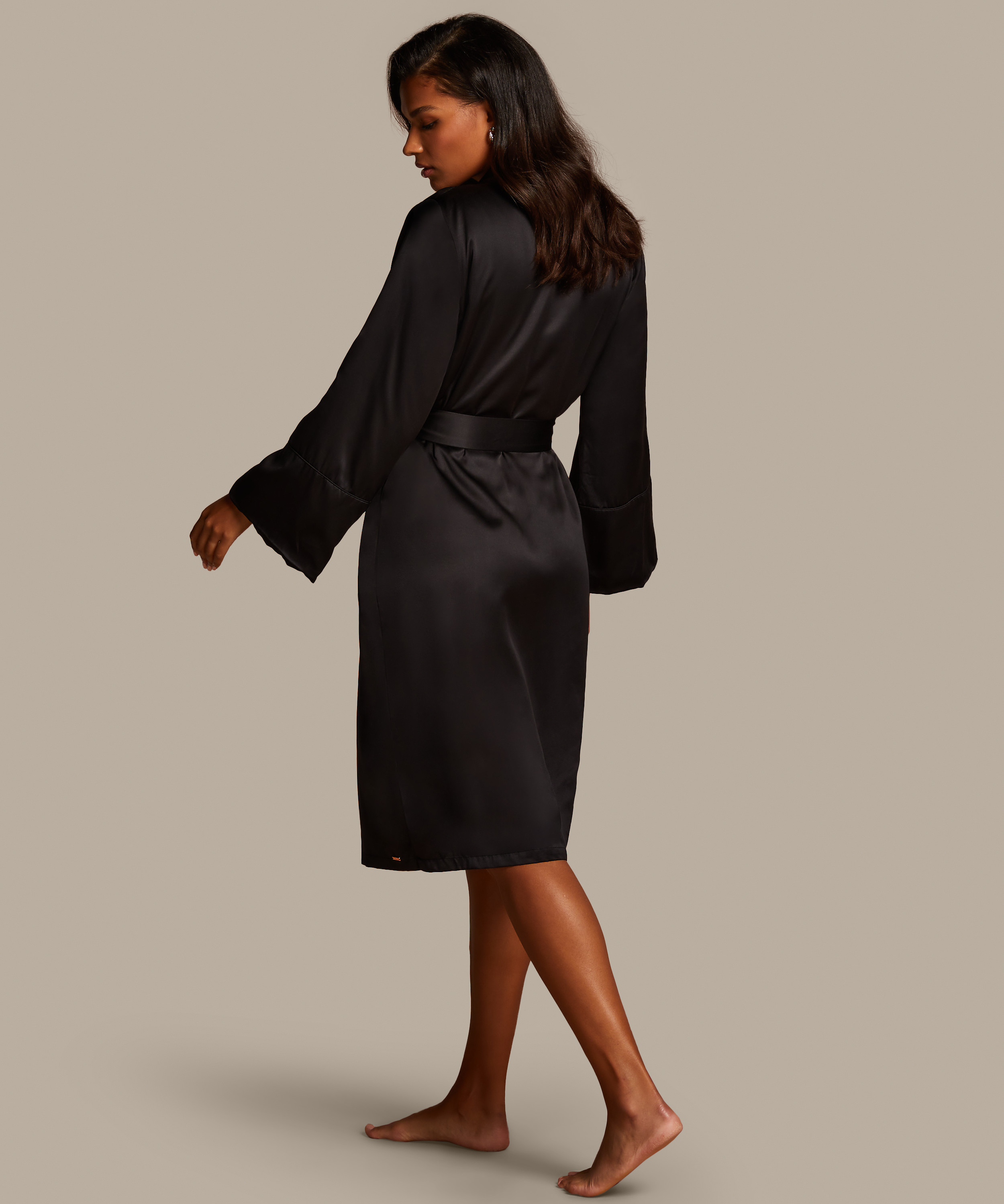 Satin Fleece Bathrobe, Black, main