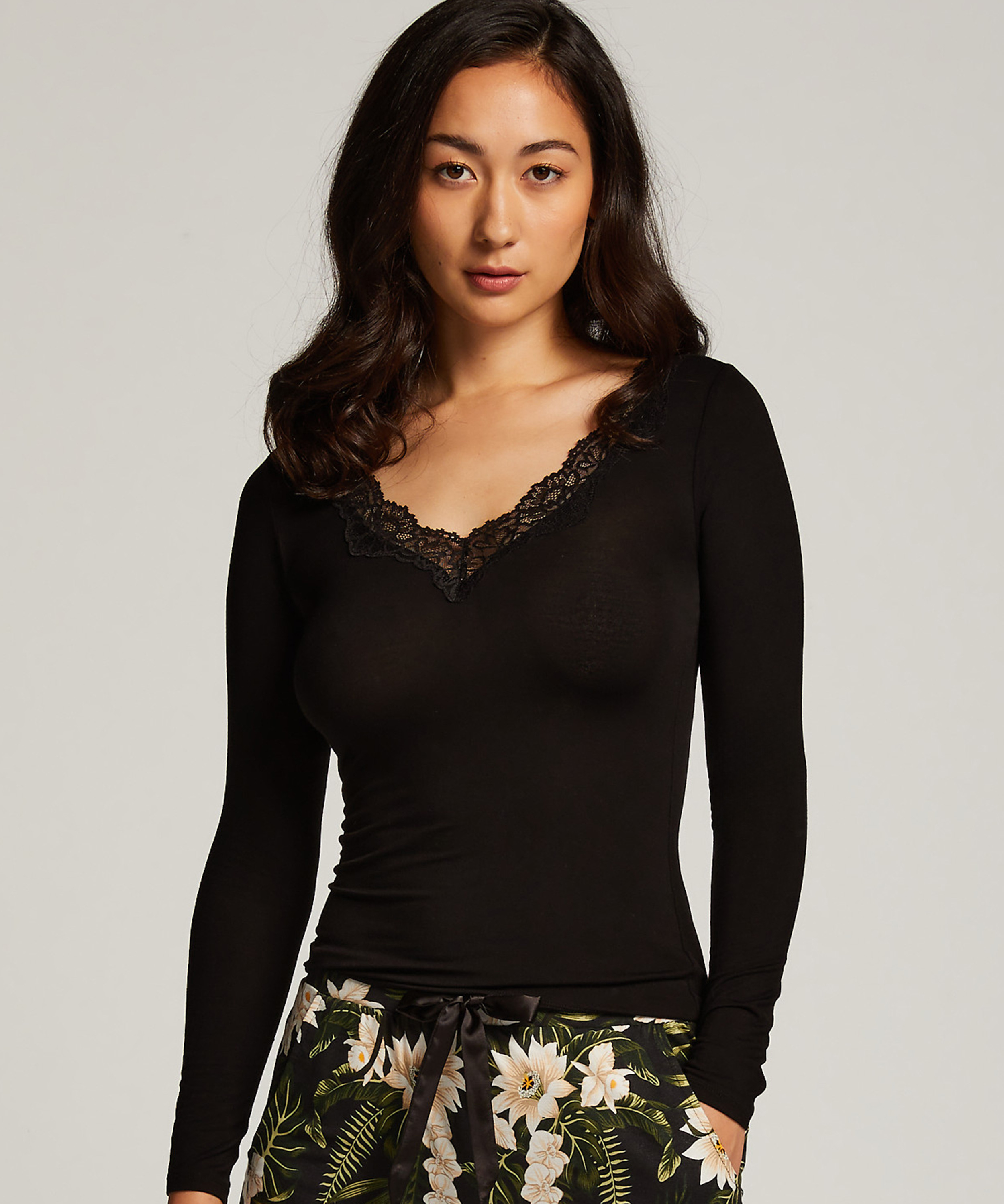 Jersey Long-sleeved Pyjama Top, Black, main