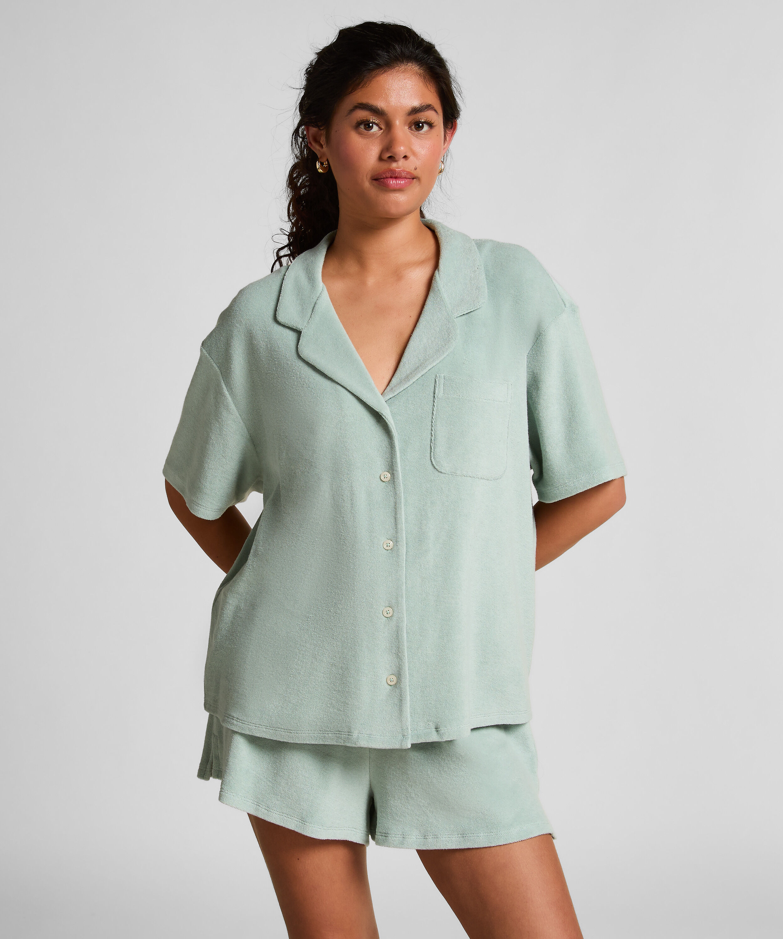 Towel Texture Button-Up Shirt, Green
