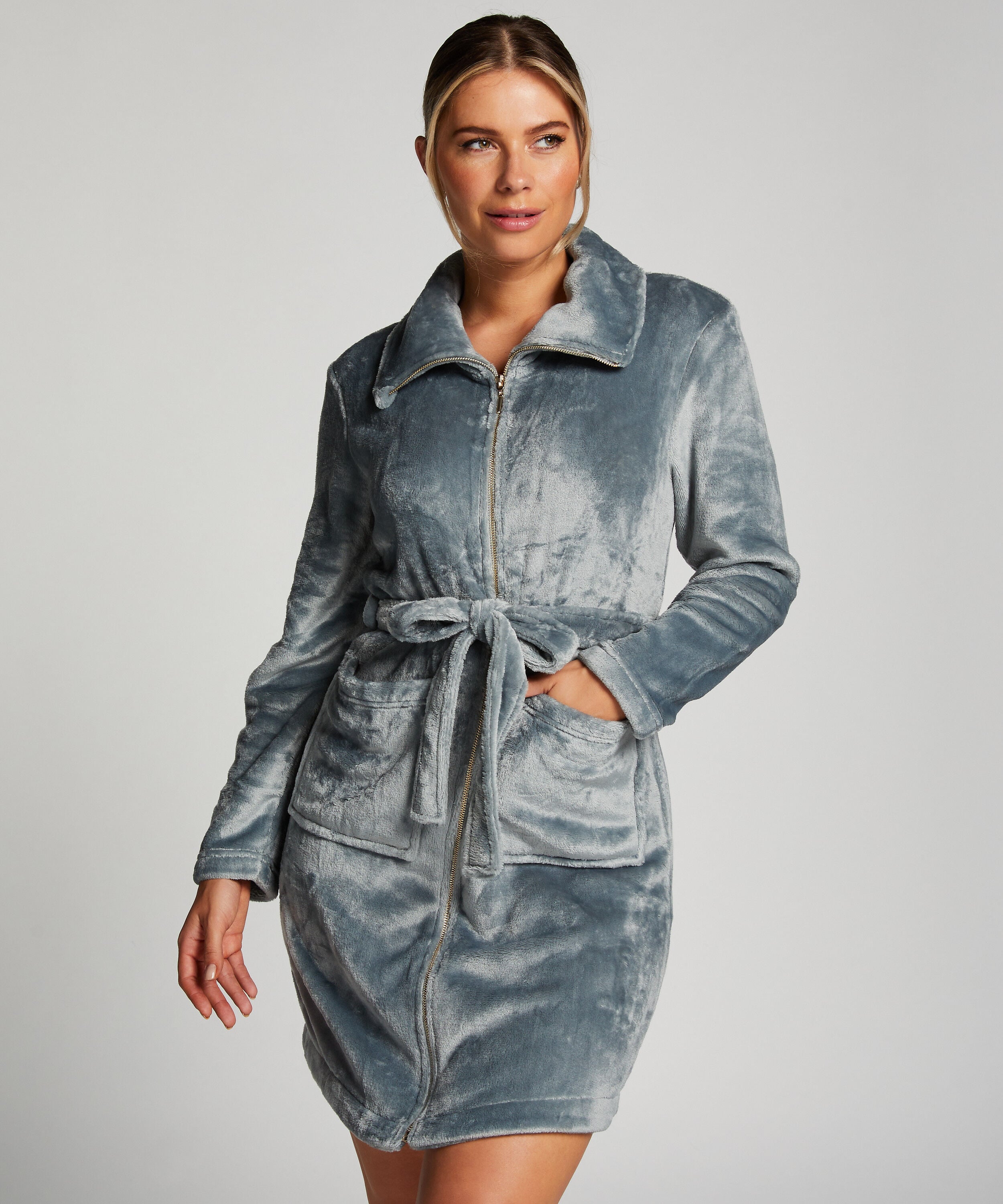 Zip Fleece Bathrobe, Blue