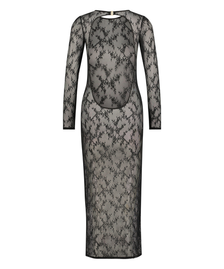 Long Sleeve Lace Bodycon Slip Dress, Black