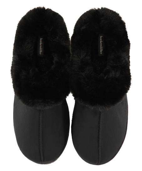 Fake fur slippers, Black