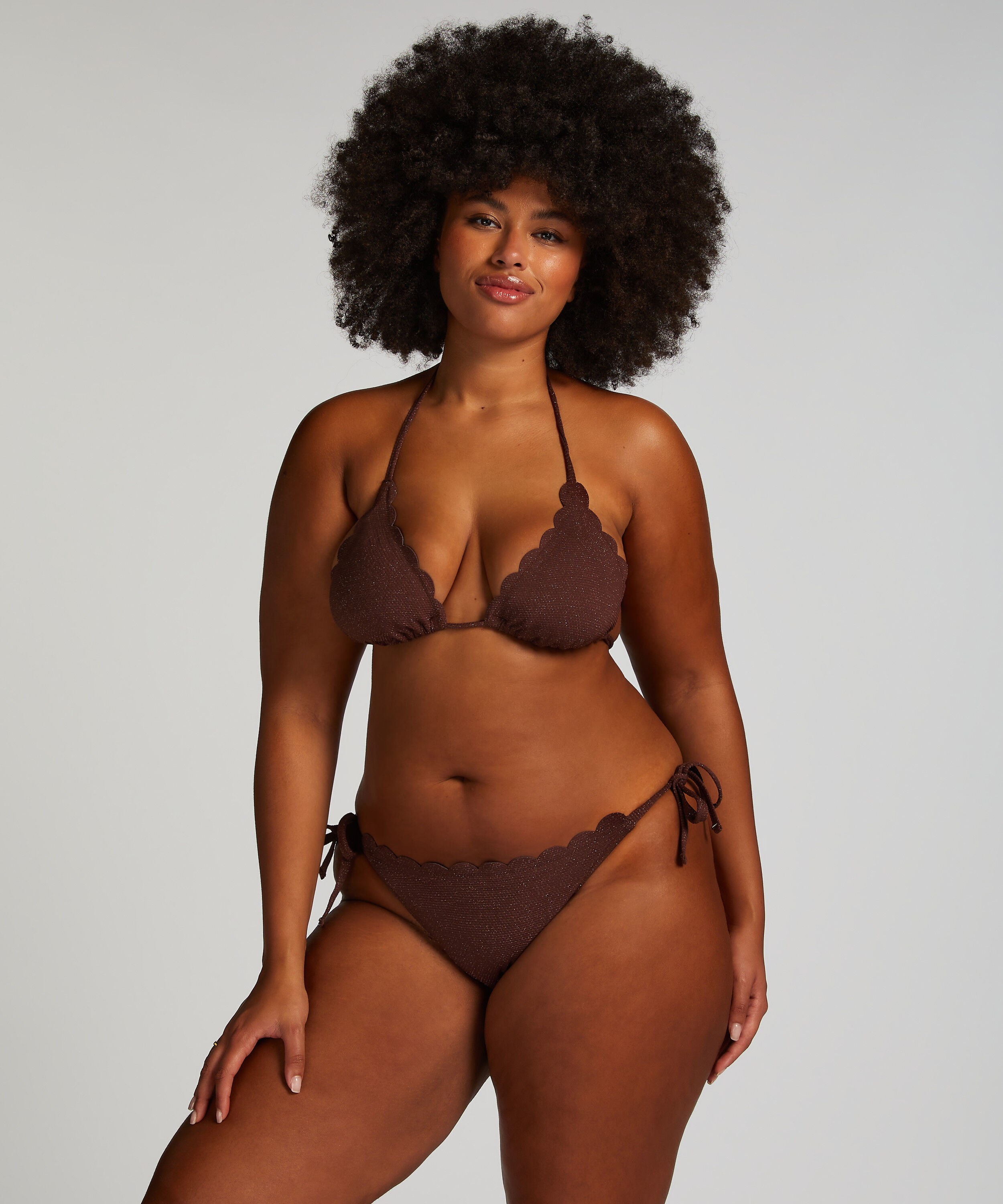 Scallop Lurex Triangle Bikini Top, Brown