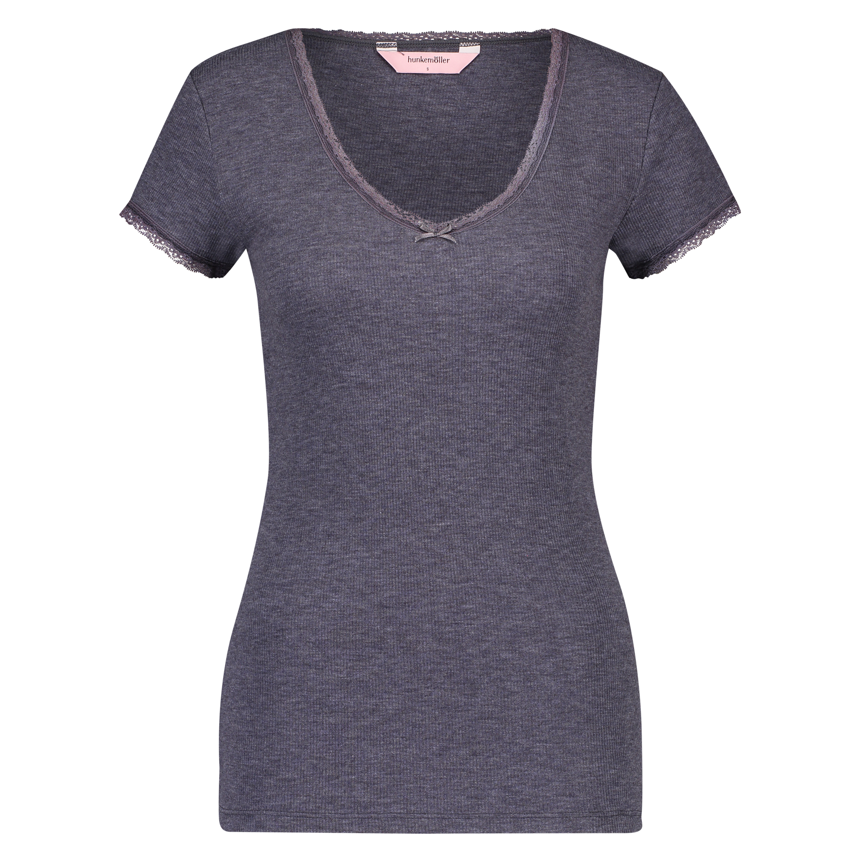 Ribbed Short-Sleeved V-Neck Pyjama Top, Grey, main