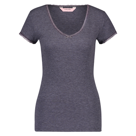 Ribbed Short-Sleeved V-Neck Pyjama Top, Grey