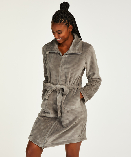 Zip Fleece Bathrobe, Grey