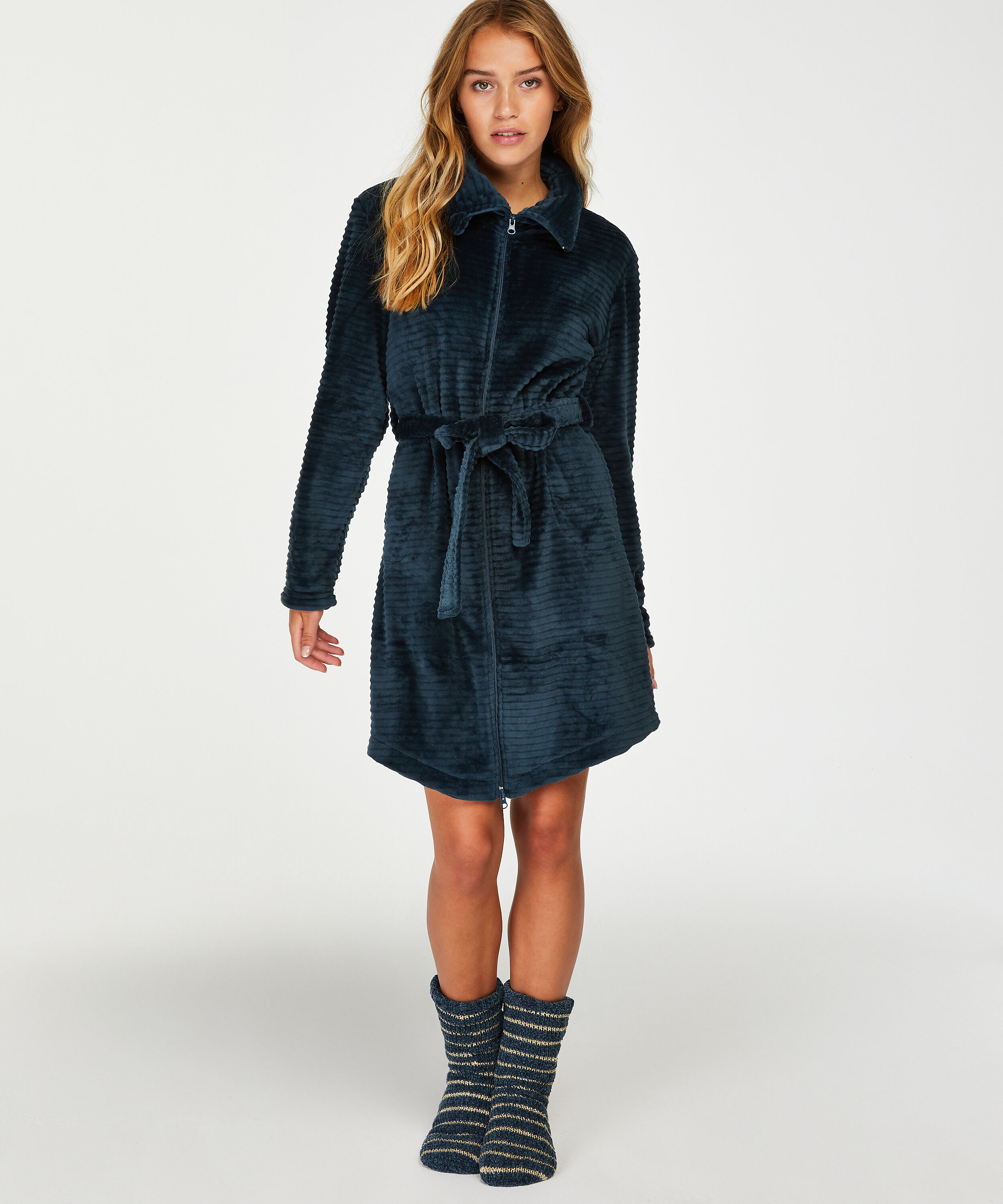 Zip Fleece Bathrobe, Blue