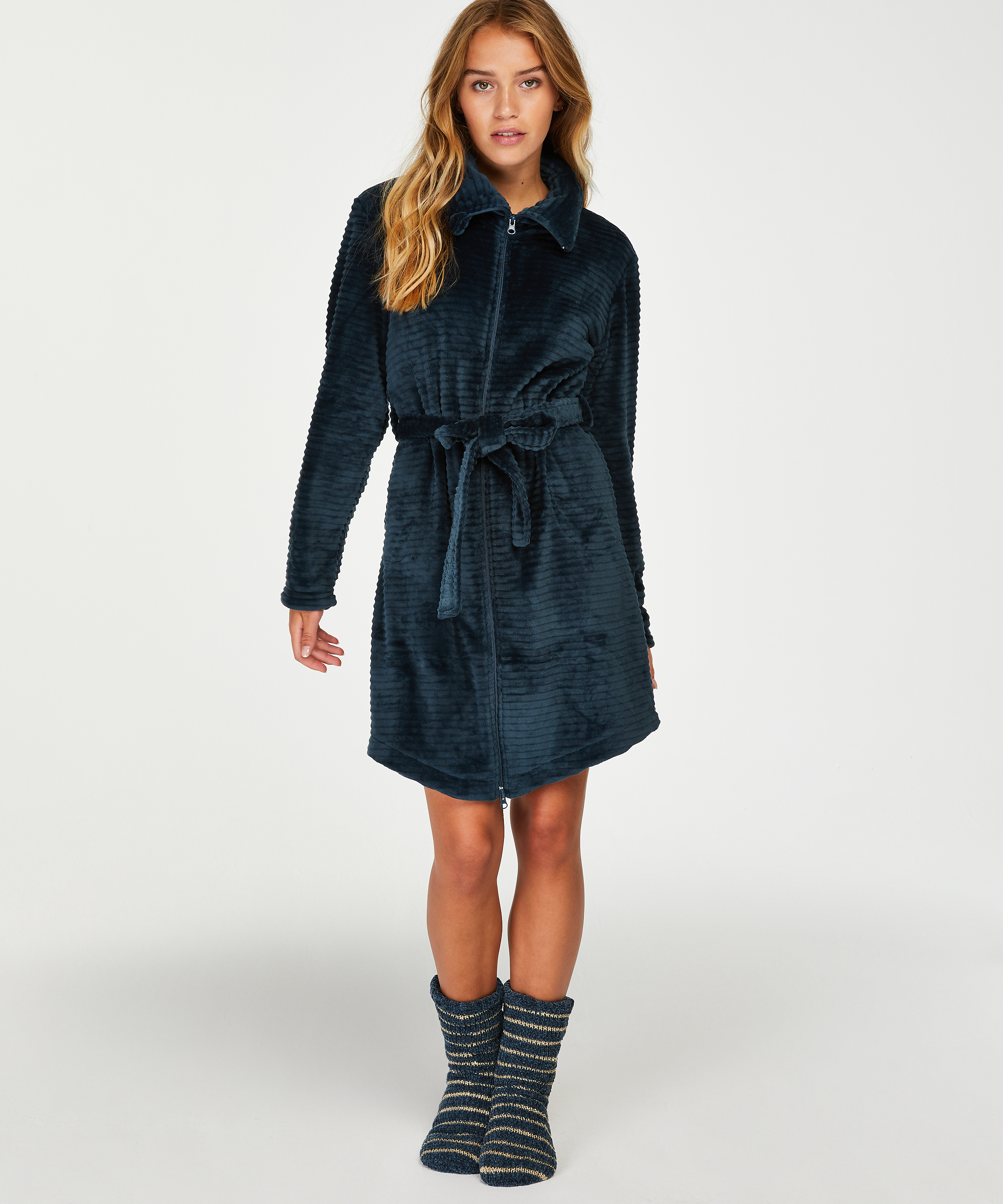 Zip Fleece Bathrobe, Blue, main