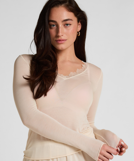 super soft Lace V-Neck shirt with Cashmere, Beige
