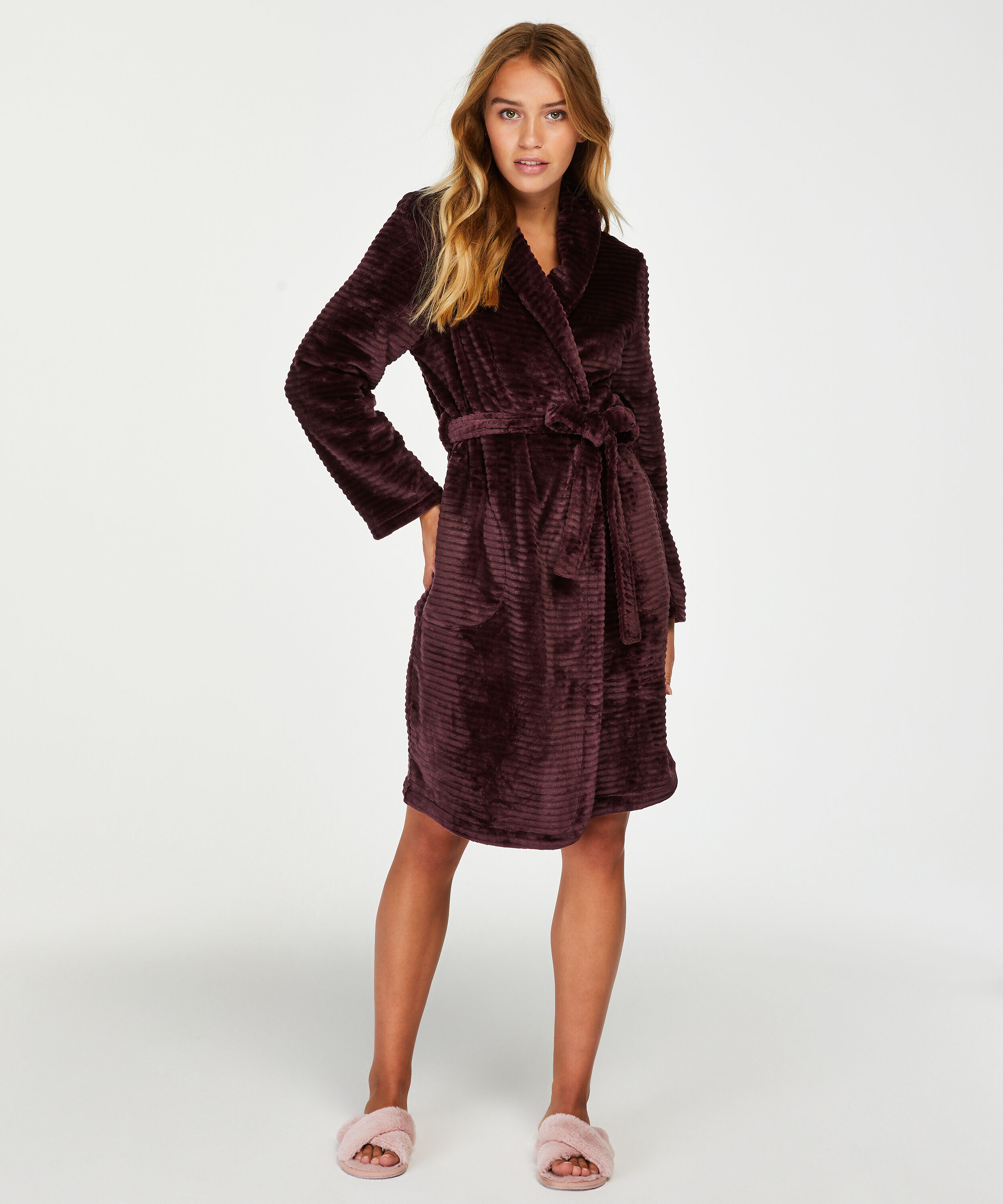 Short Fleece Ribbed Bathrobe, Purple
