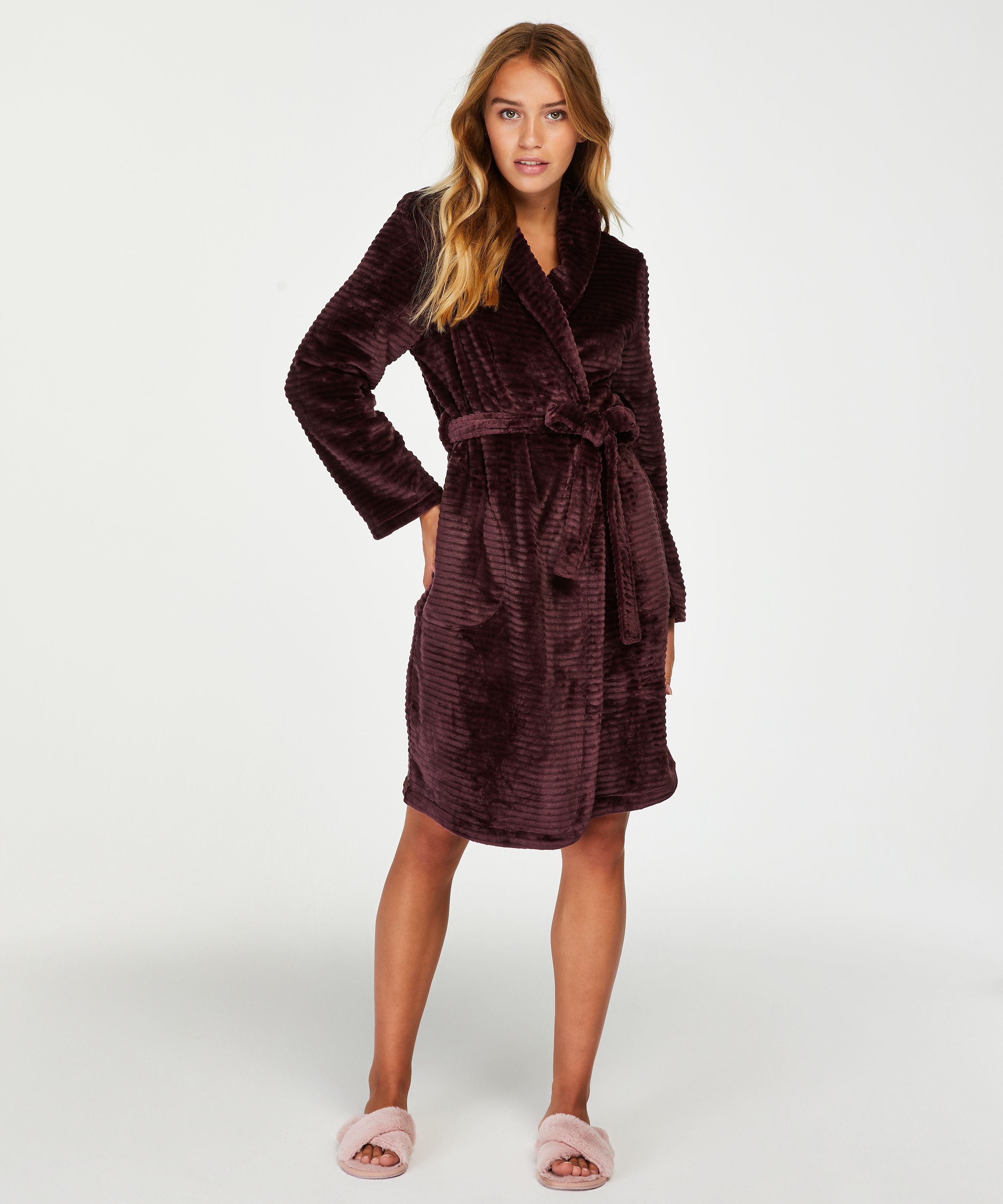 Short Fleece Ribbed Bathrobe, Purple, main