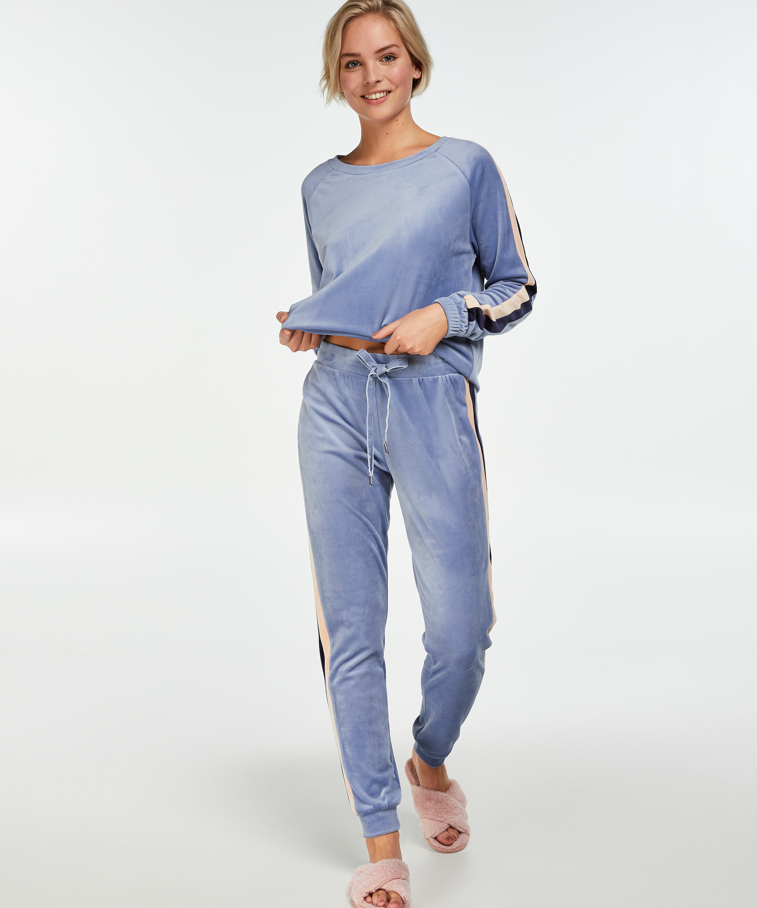 Striped Velvet Jogging Pants, Blue, main