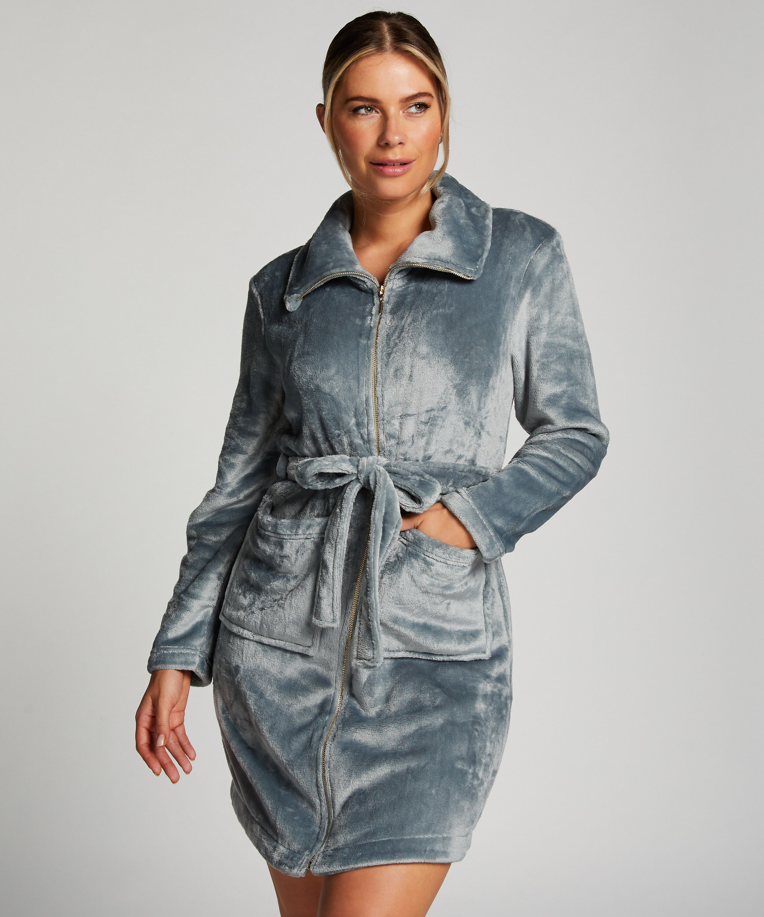 Zip Fleece Bathrobe, Blue