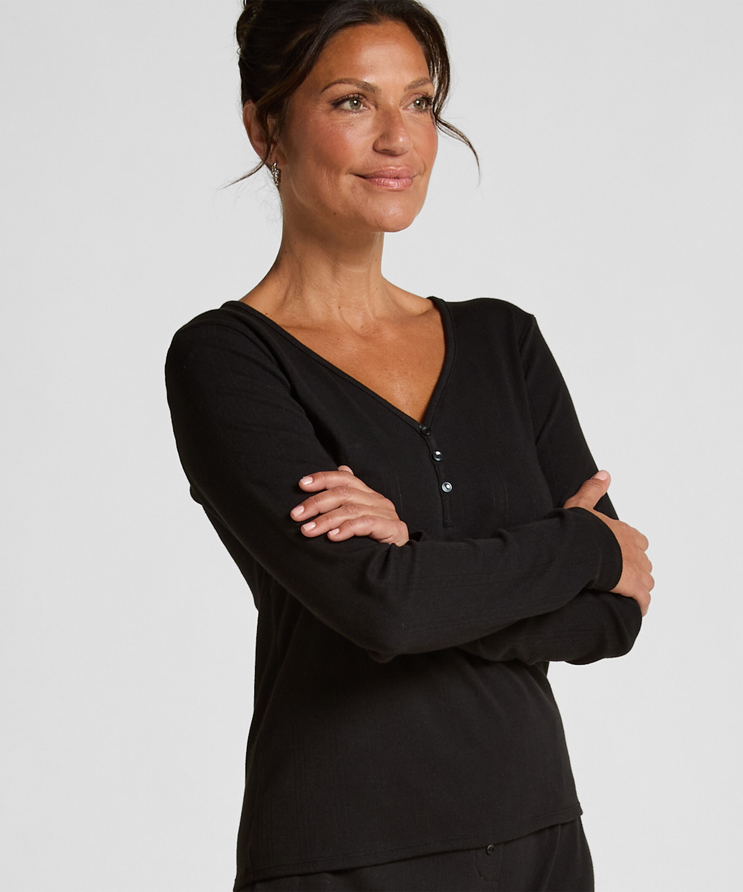 Longsleeved Pyjama Top Henley, Black Longsleeved Pyjama Top Henley, Black