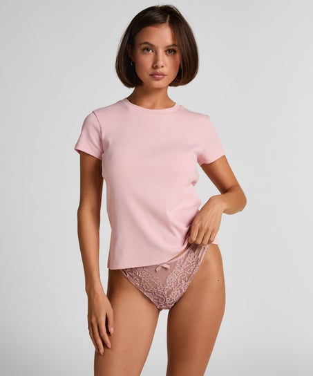 Ribbed Crew Neck Short-Sleeved Pyjama Top, Pink