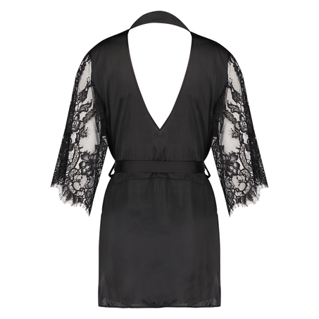Satin Lace Flared Kimono, Black