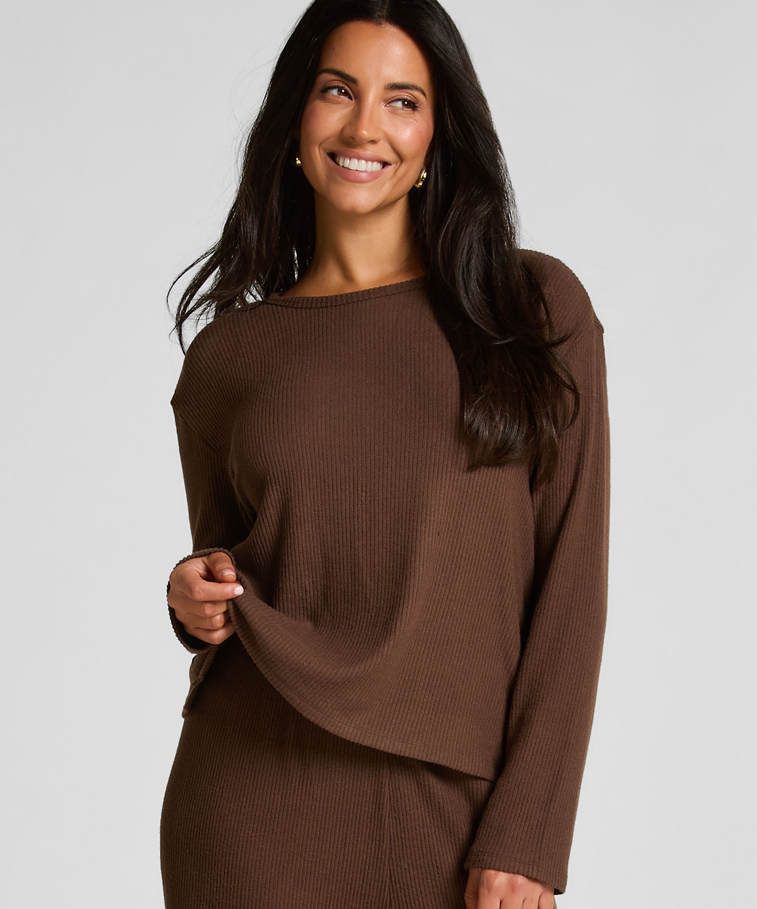 Jersey Long-Sleeved Pyjama Top, Brown, main
